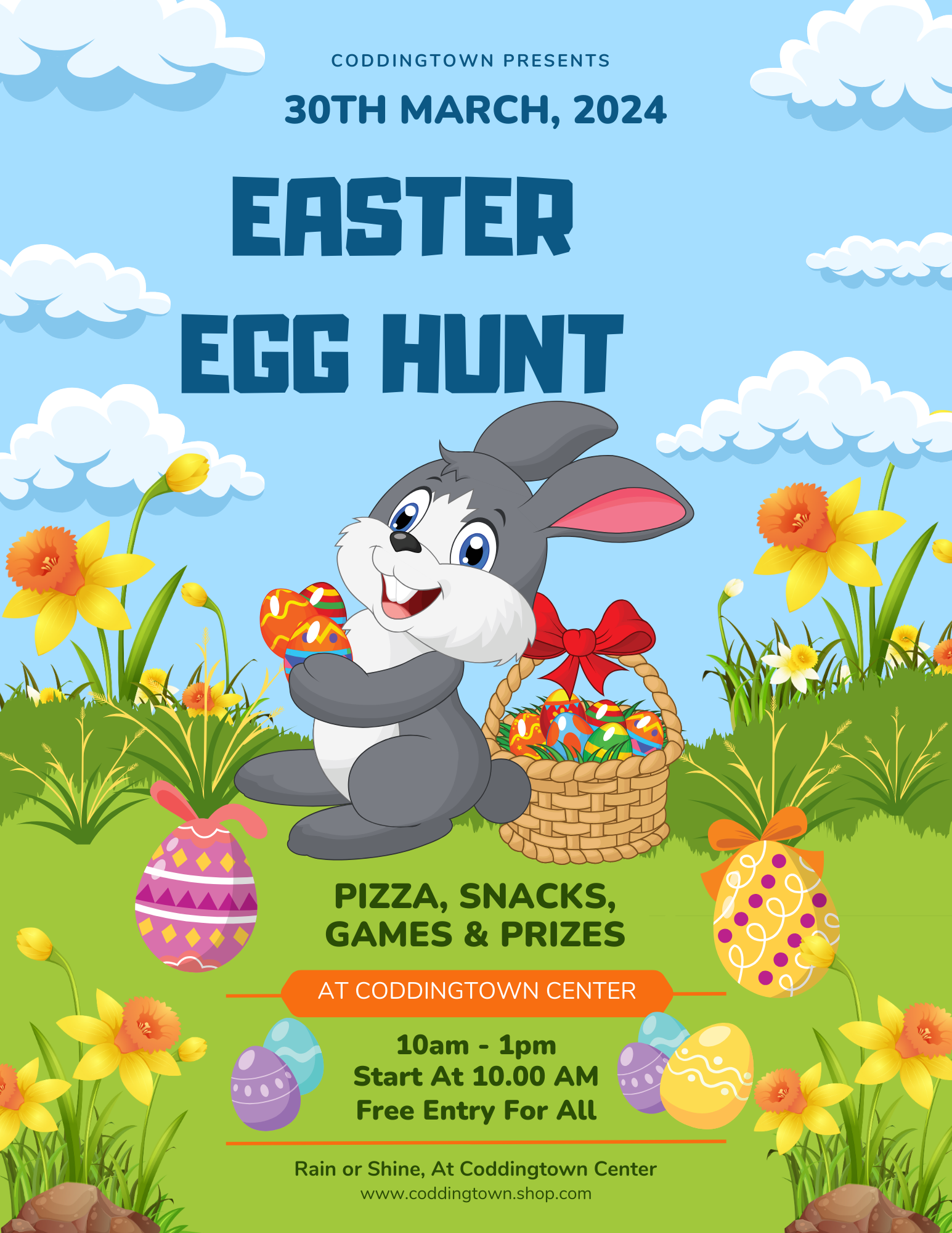 Coddingtown presents, Easter Egg Hunt March 30th, 2024. Pizza, Snacks, Games, & Prizes at Coddingtown Center. Egg Hunt Starts at 10am. Free entry for all. Rain or Shine.